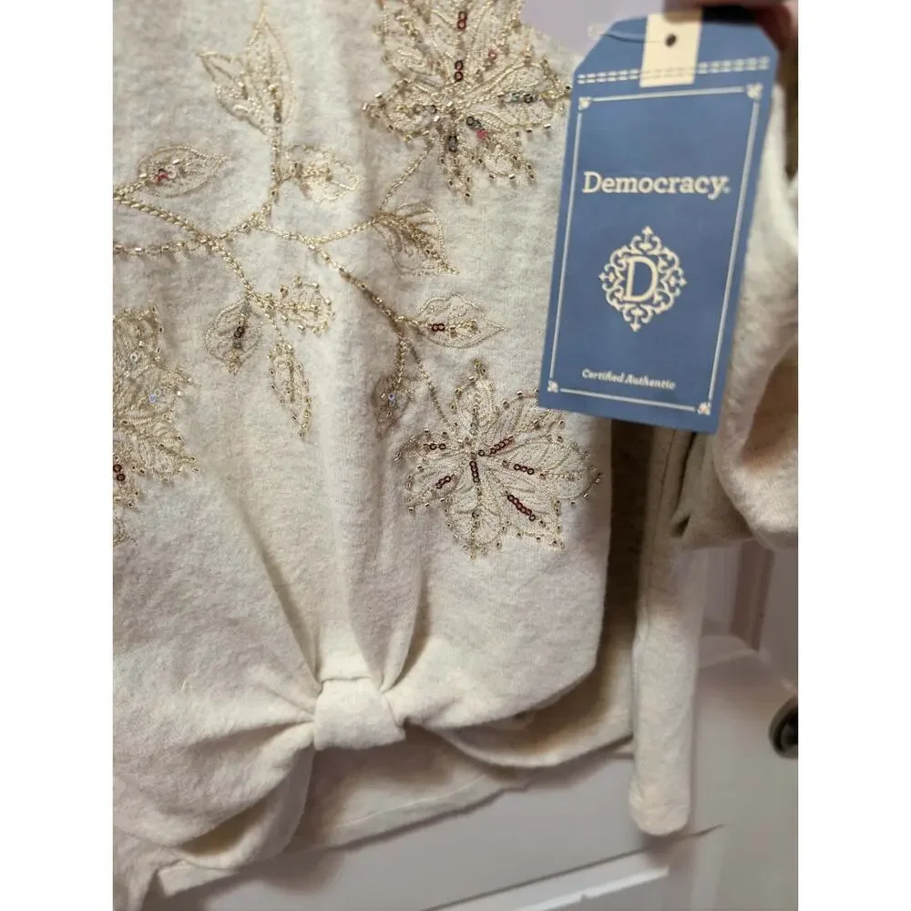 NEW! Democracy V-Neck Knot Hem Long-Sleeve Top Cream Size S Beaded Sequins